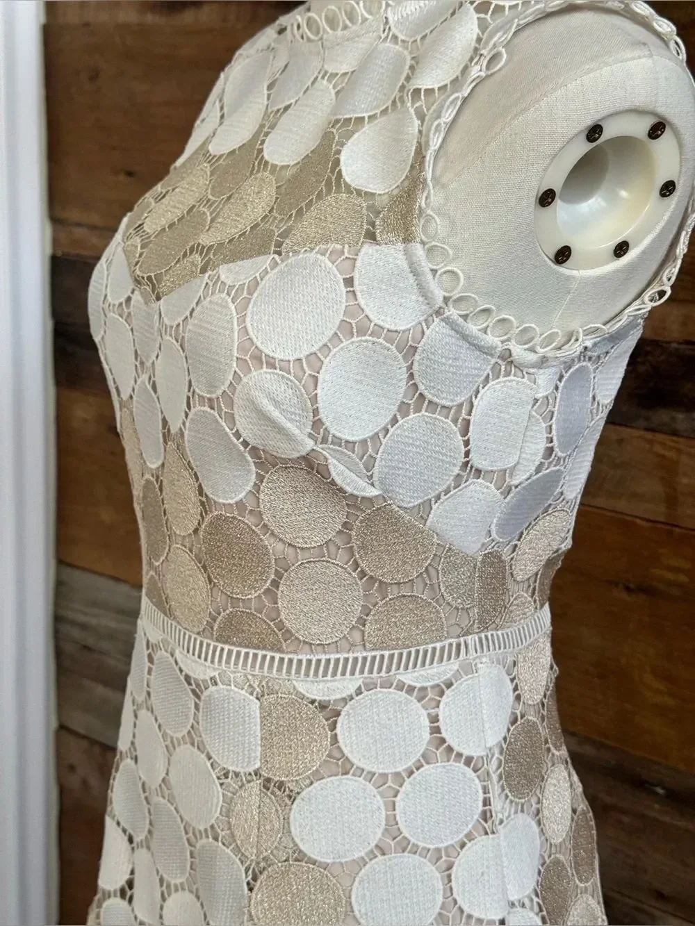 Shoshanna Glengarry Ivory Metallic Gold Circle Lace Midi Cocktail Dress